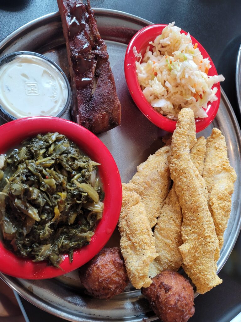 ribs, catfish, spicy slaw, turnip greens, hushpuppies