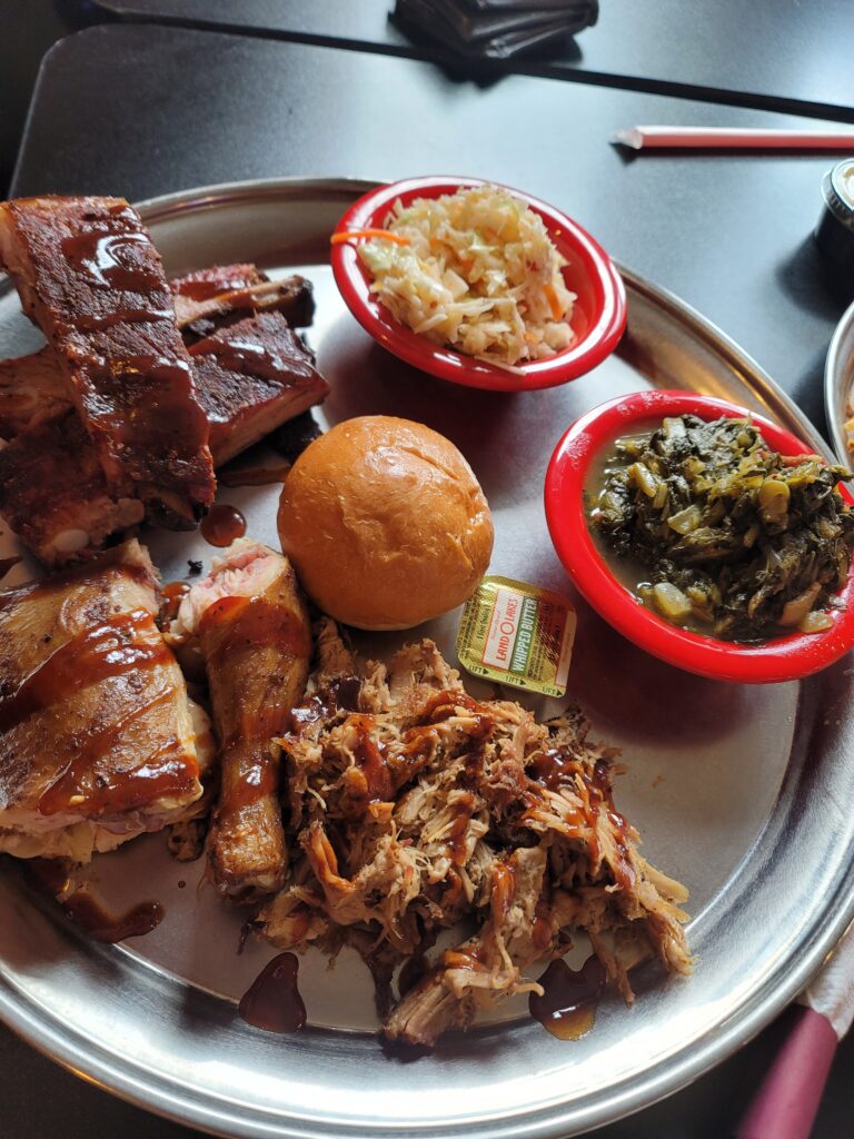 smoked chicken (dark), pulled pork, ribs