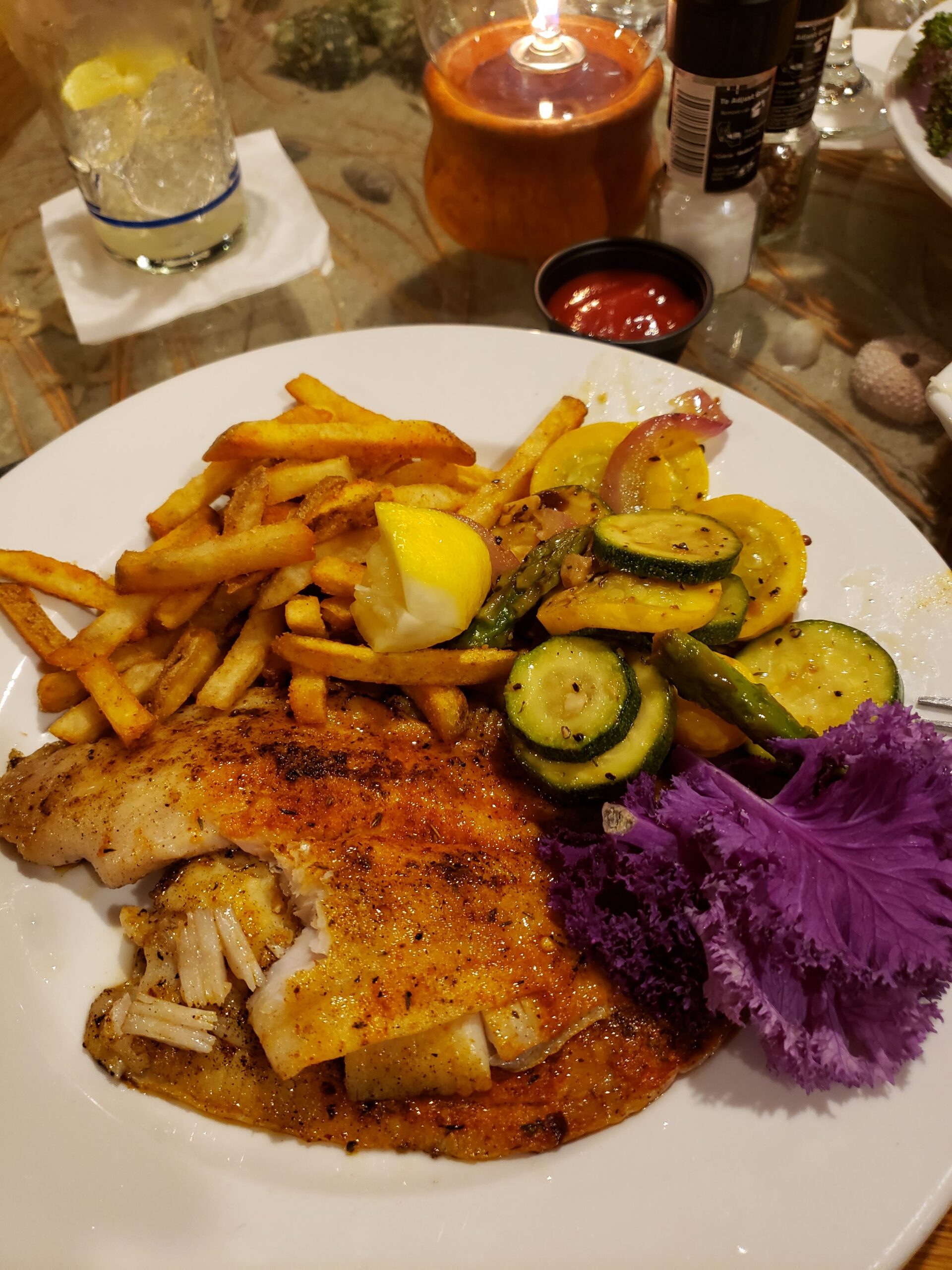 Grilled Fish with Fries and Vegetables at Hieronymus Seafood Restaurant, Wilmington NC