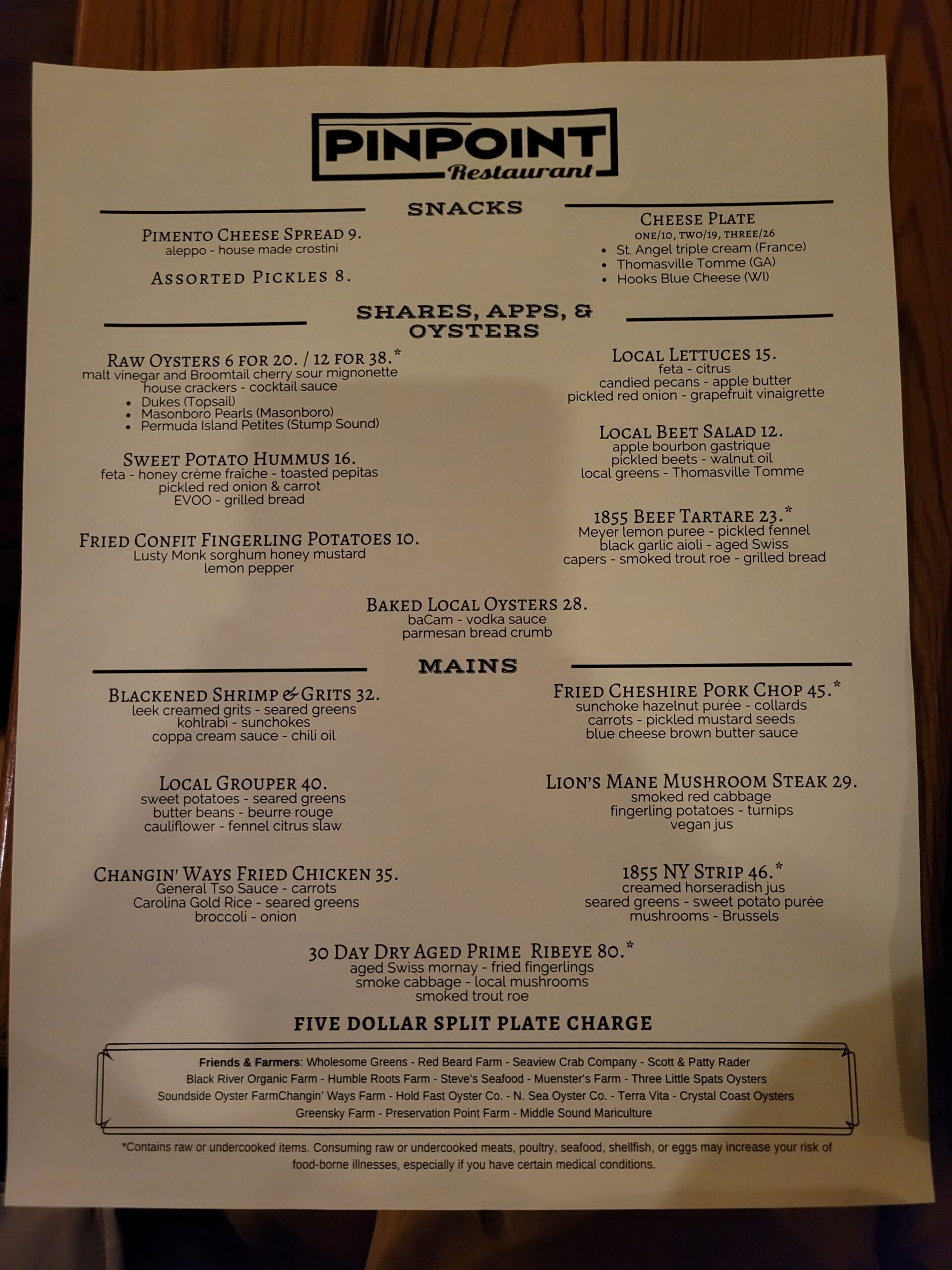 Dinner Menu – Pinpoint