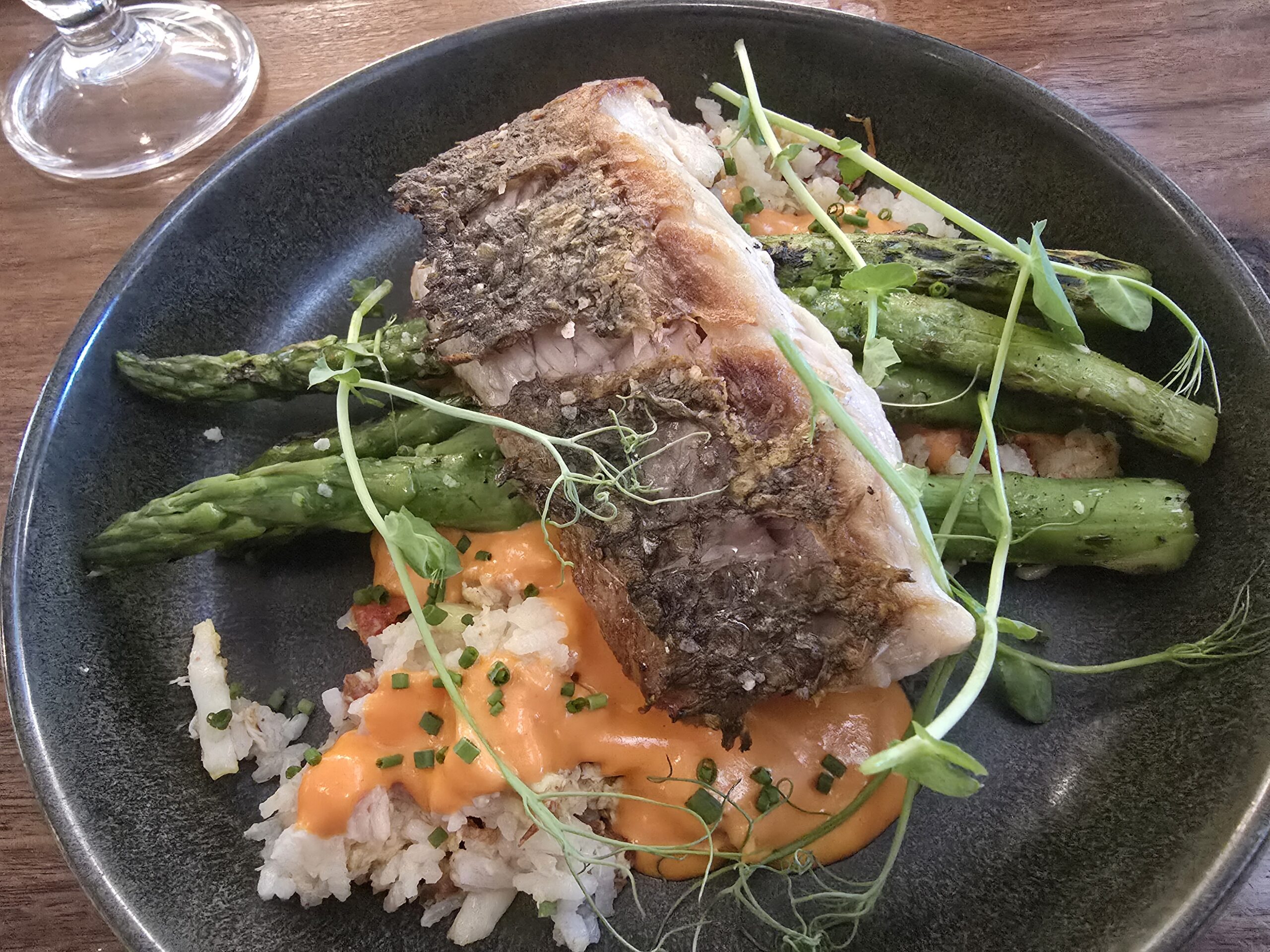 Seared Halibut with Asparagus and Rice, Three10