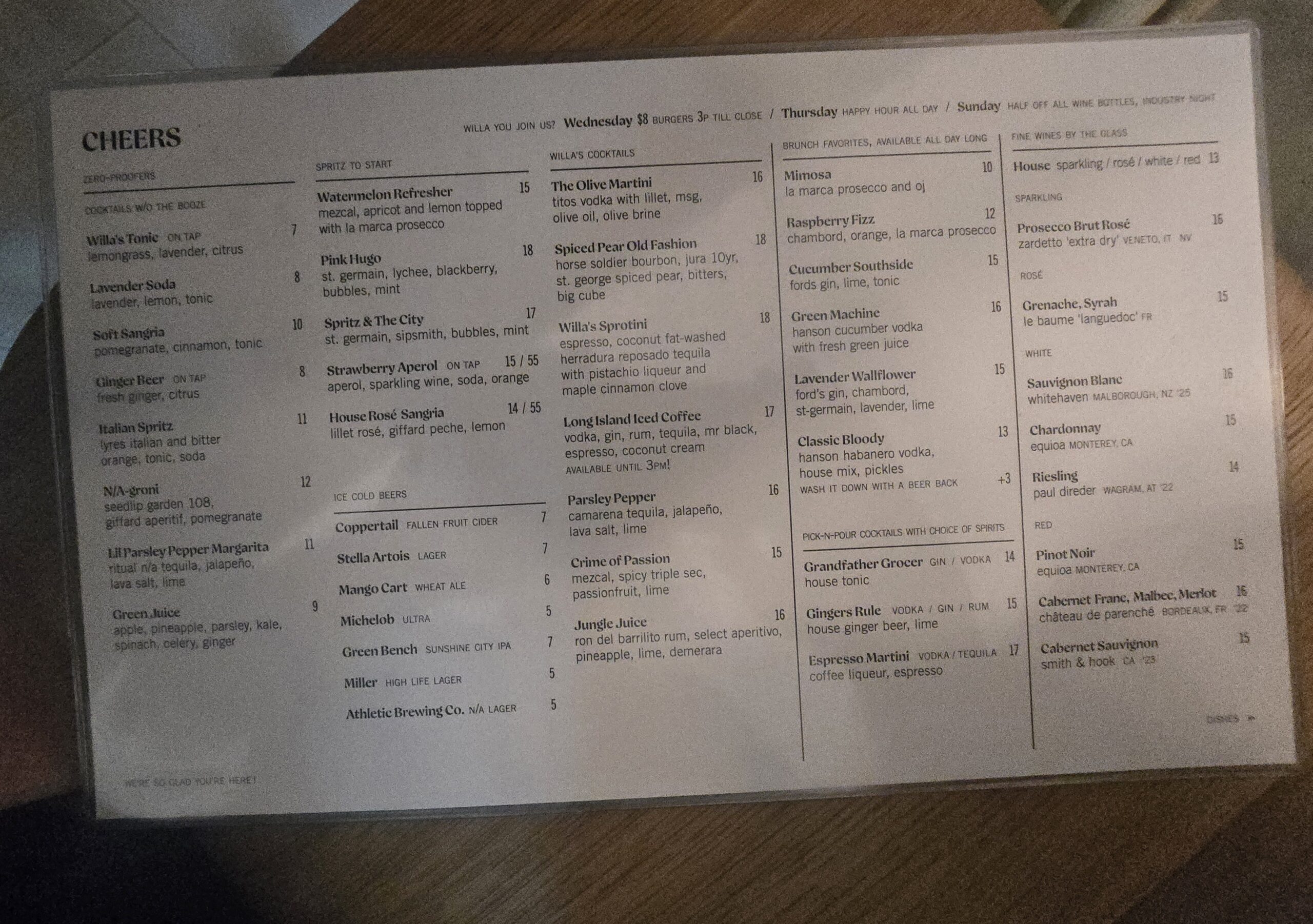 Wila's Bar Menu
