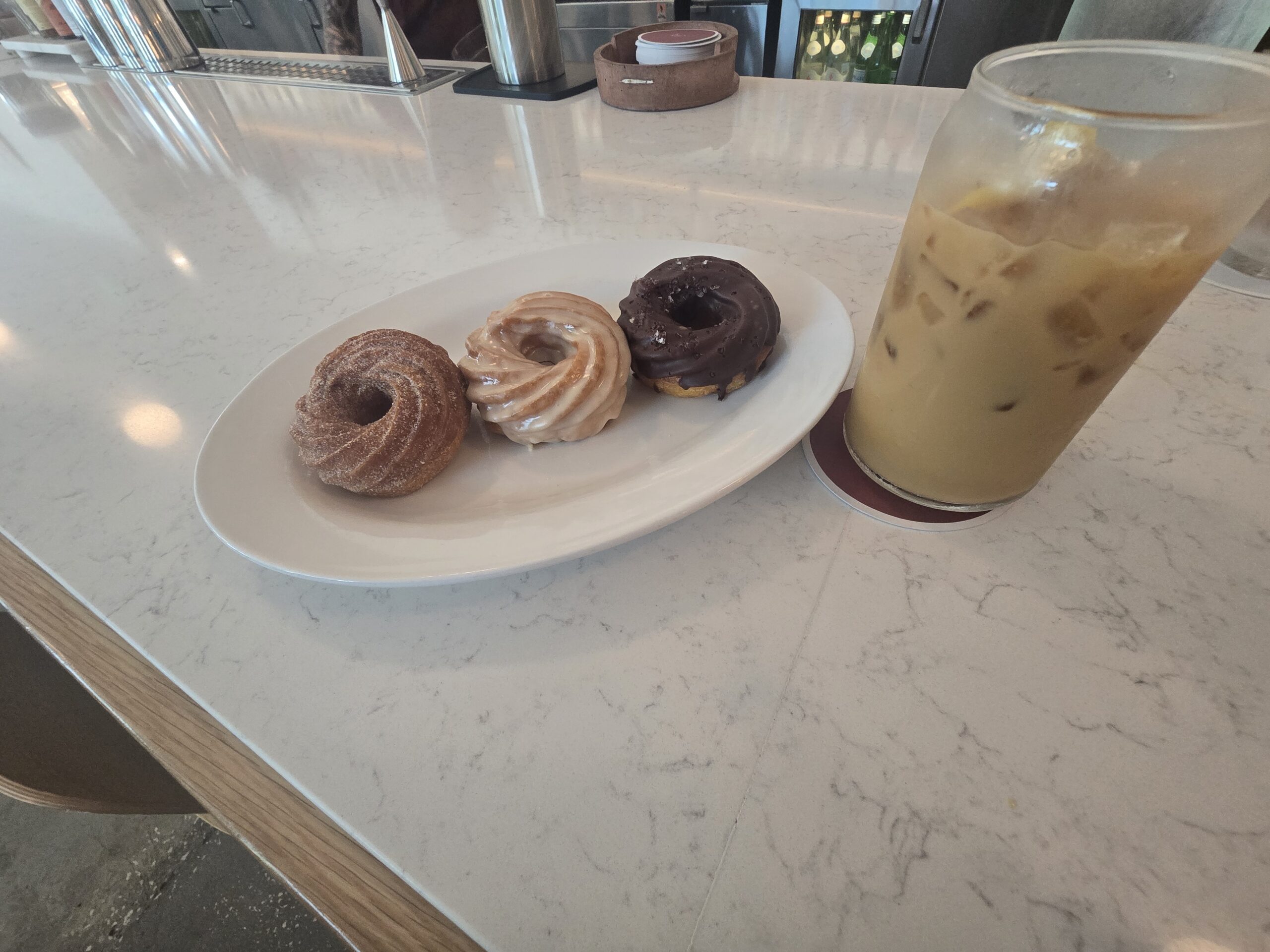Cruller Basket and Iced Fig Honey Latte