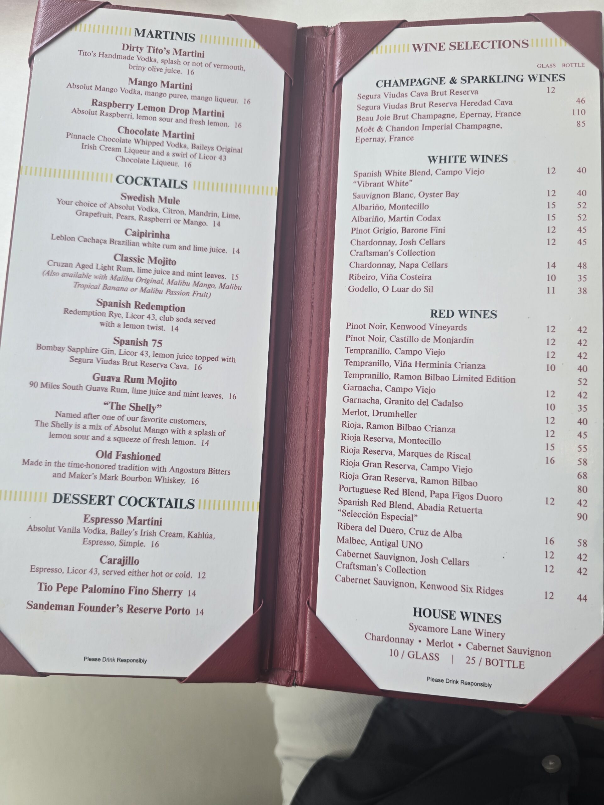 Wine and Cocktail Menu -Spain Restaurant