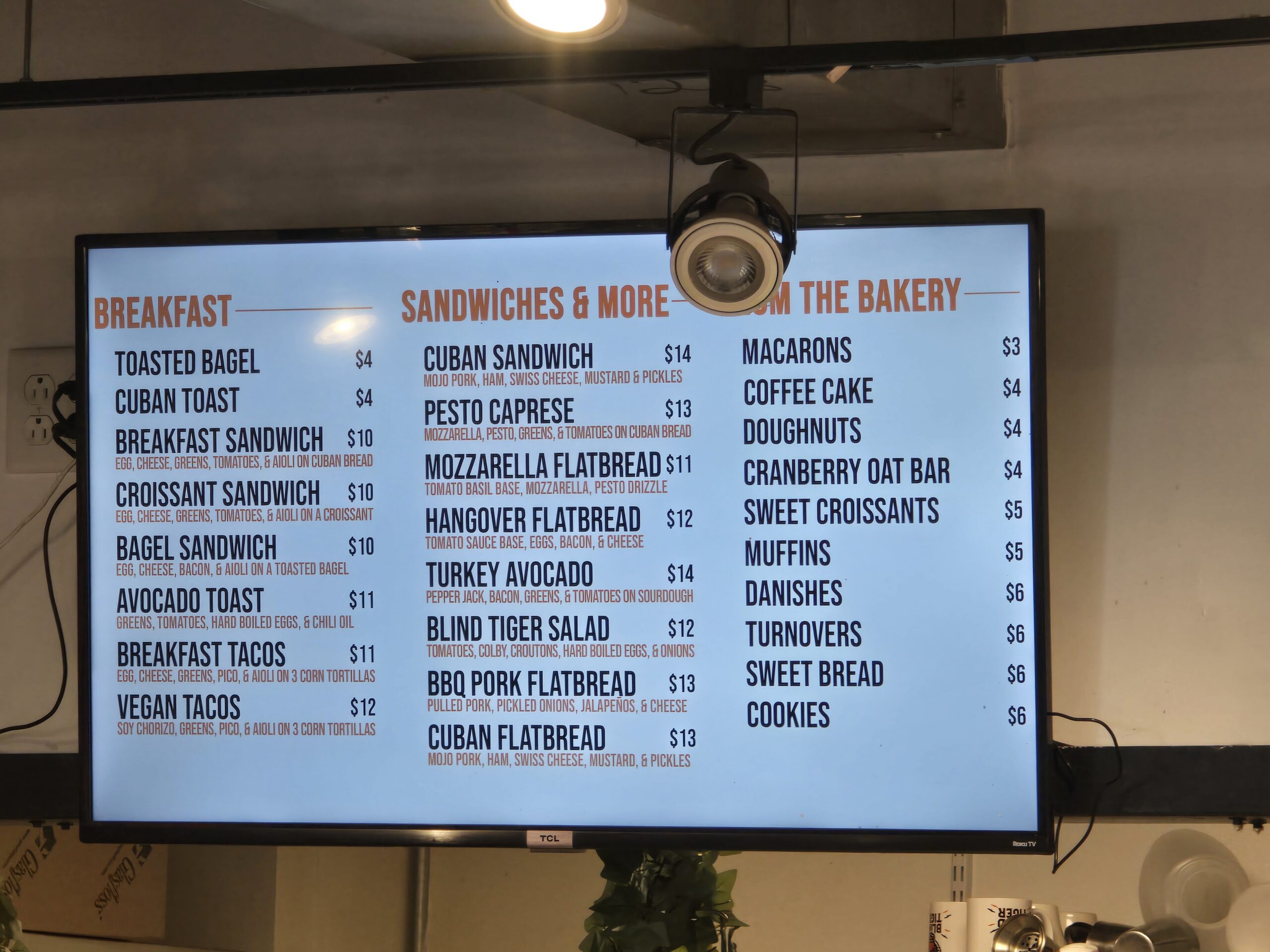 Menu Board at Blind Tiger Cafe, Tampa FL