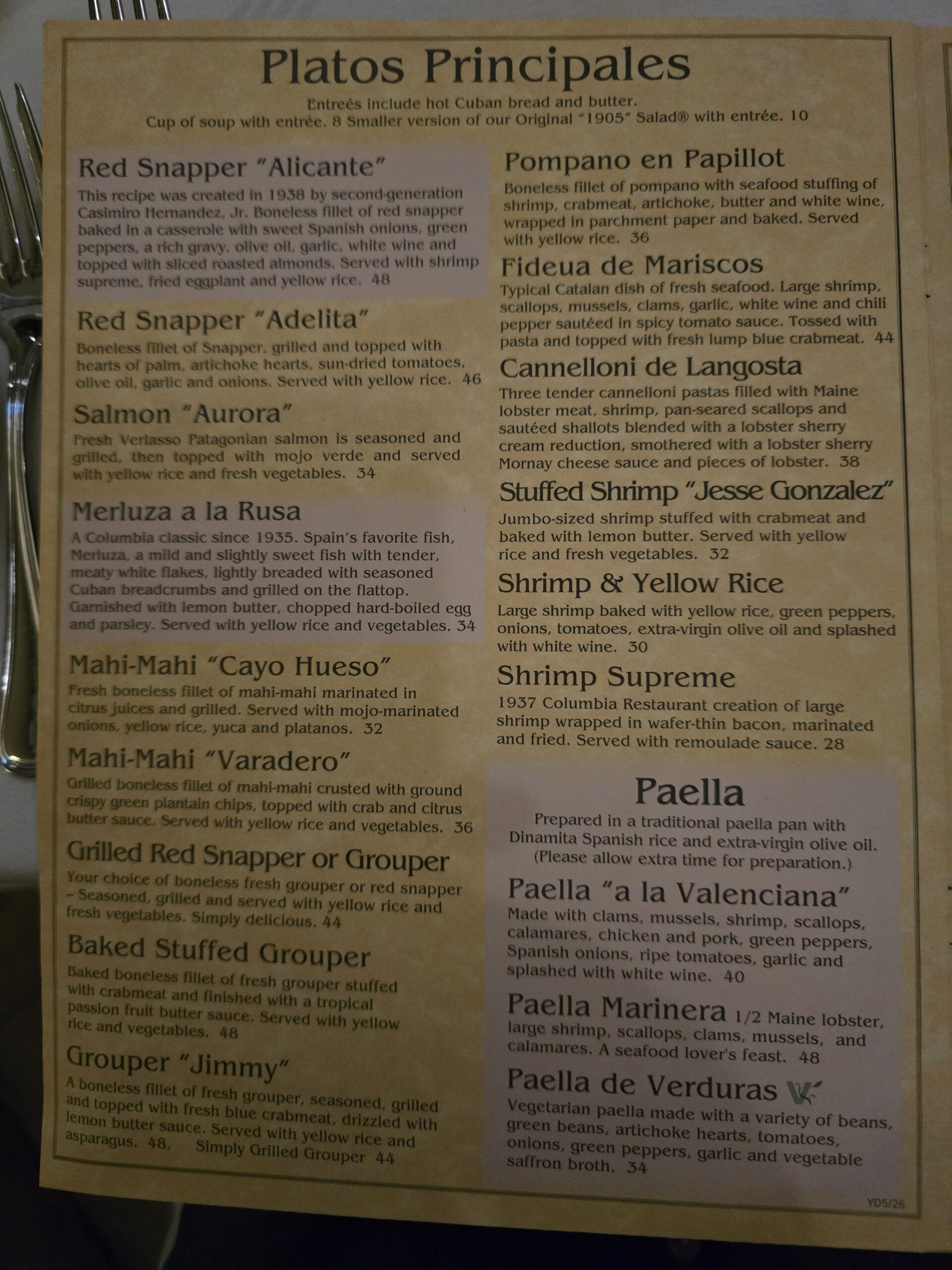Dinner Menu at Columbia Restaurant, Tampa FL