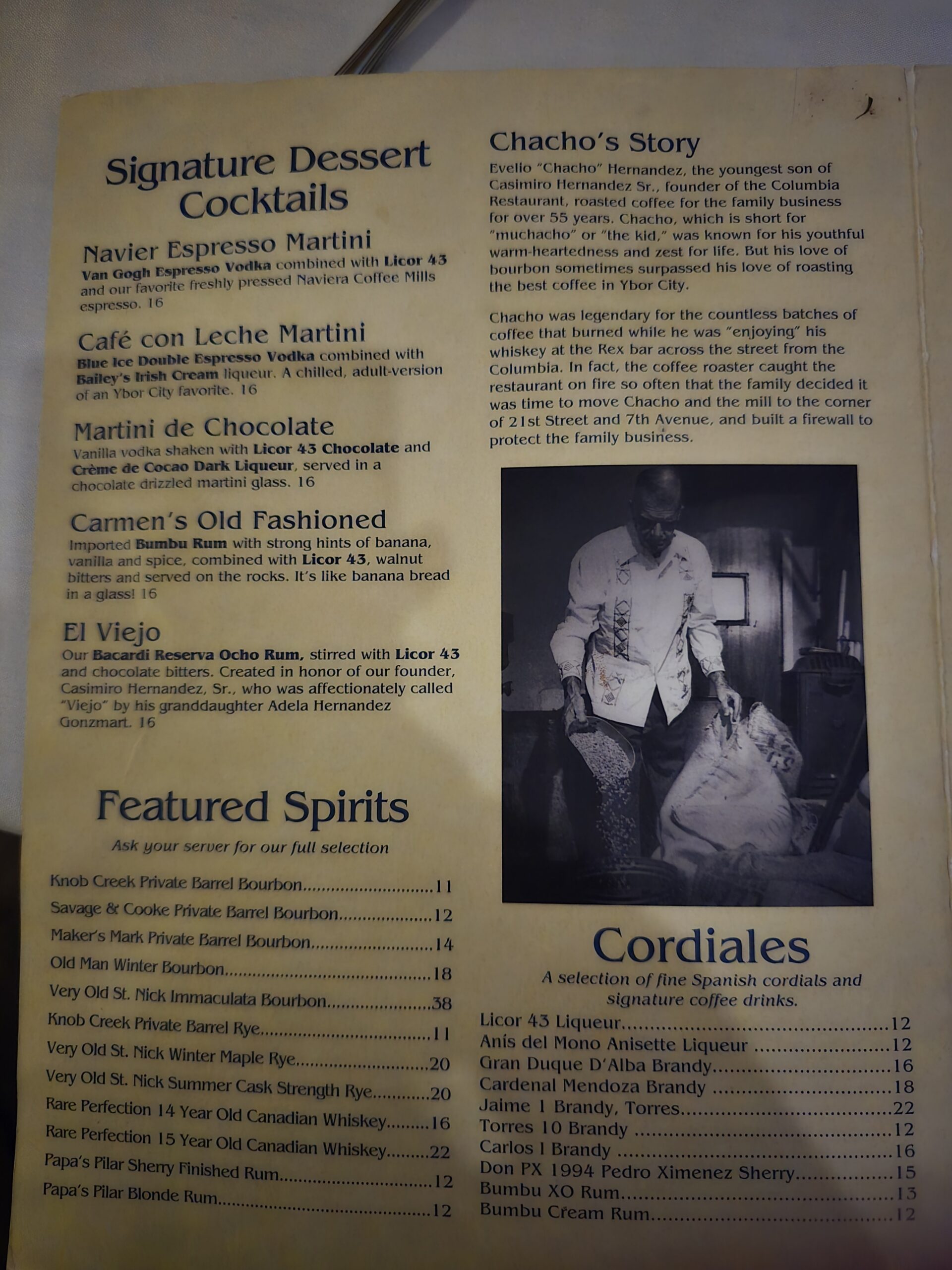 Cocktail and Cordials Menu at Columbia Restaurant, Tampa FL