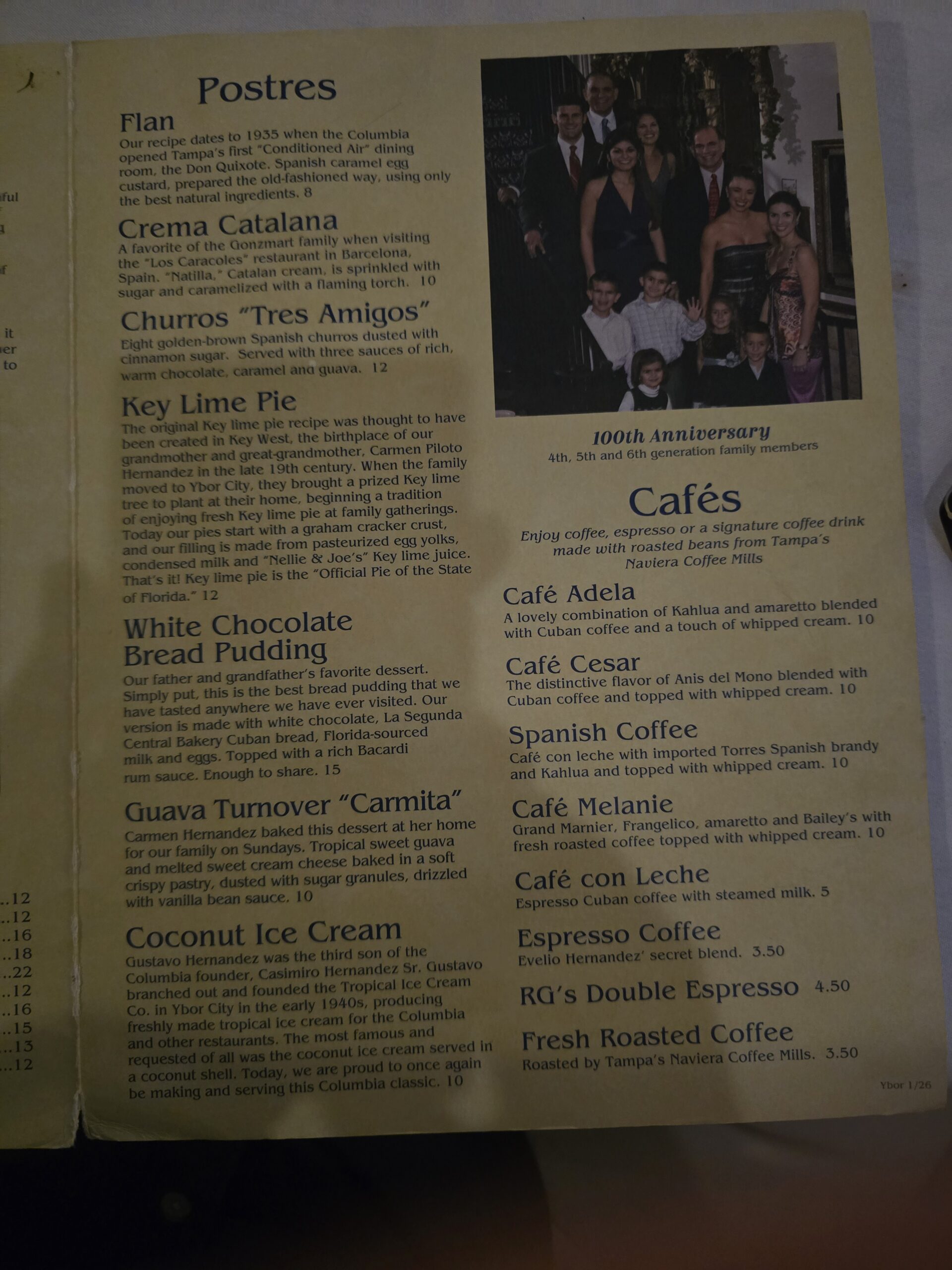 Dessert and Café Menu at Columbia Restaurant, Tampa FL