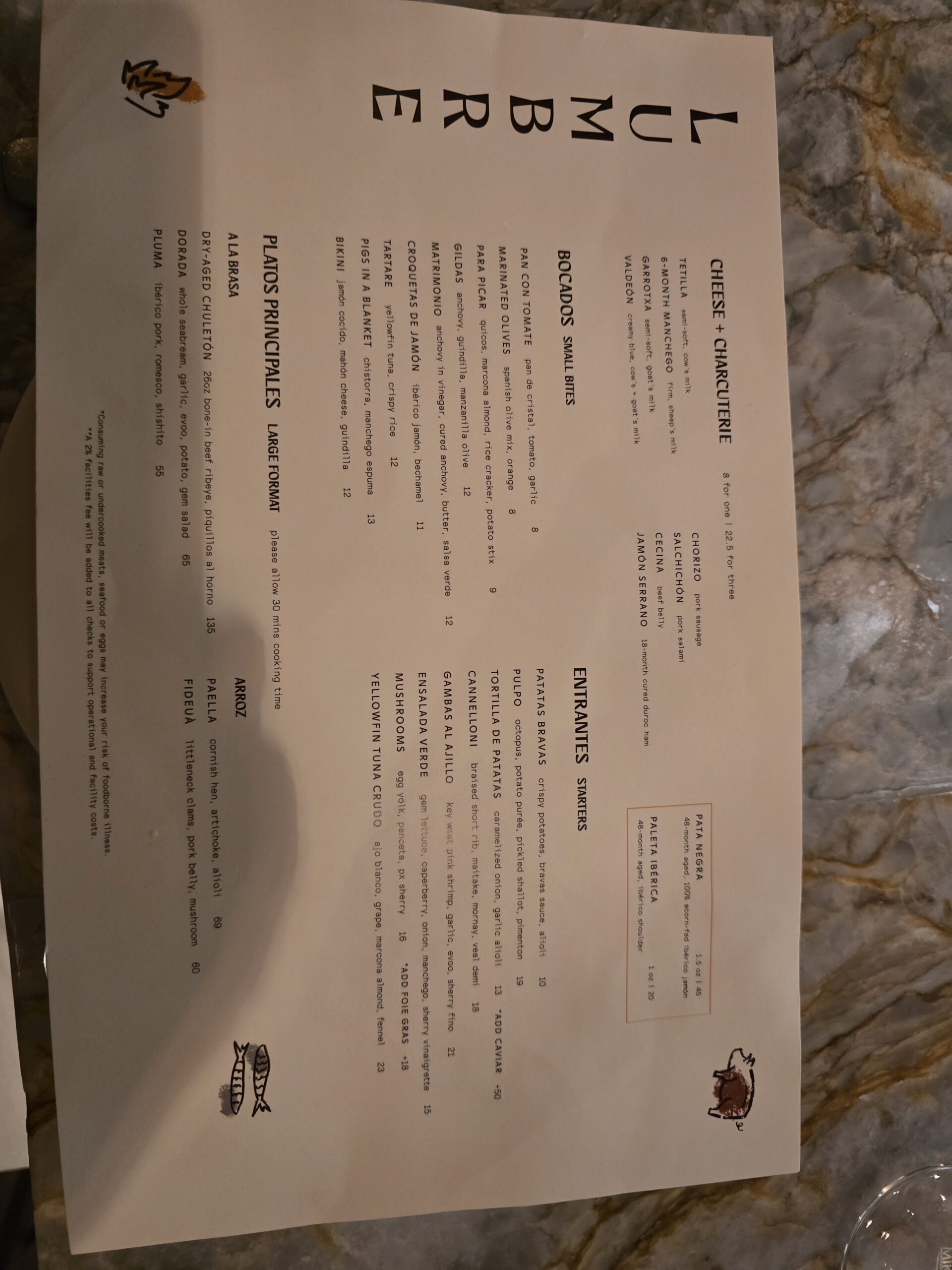 Menu at Lumbre, Tampa FL