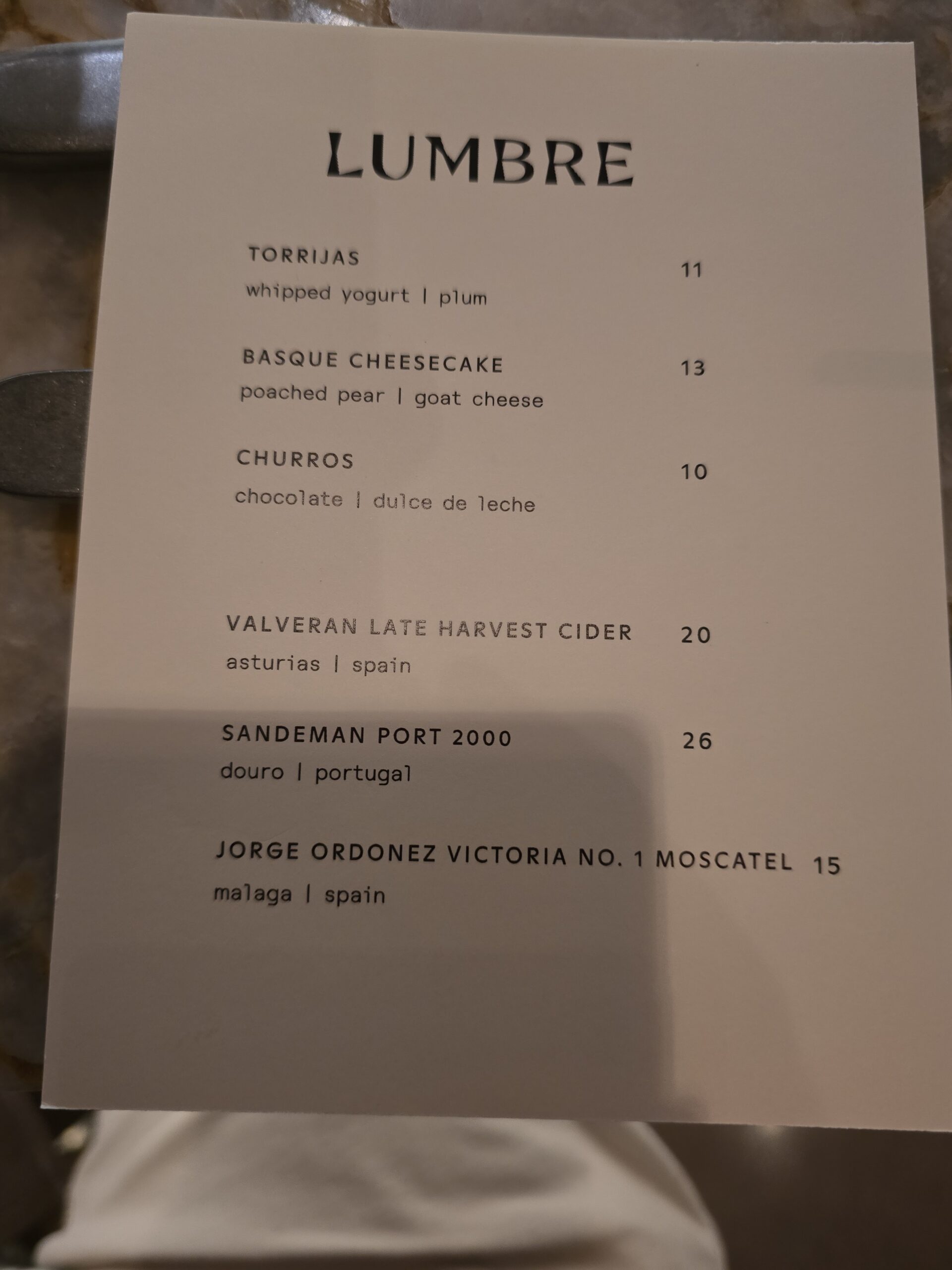 Dessert and Drinks Menu at Lumbre, Tampa FL