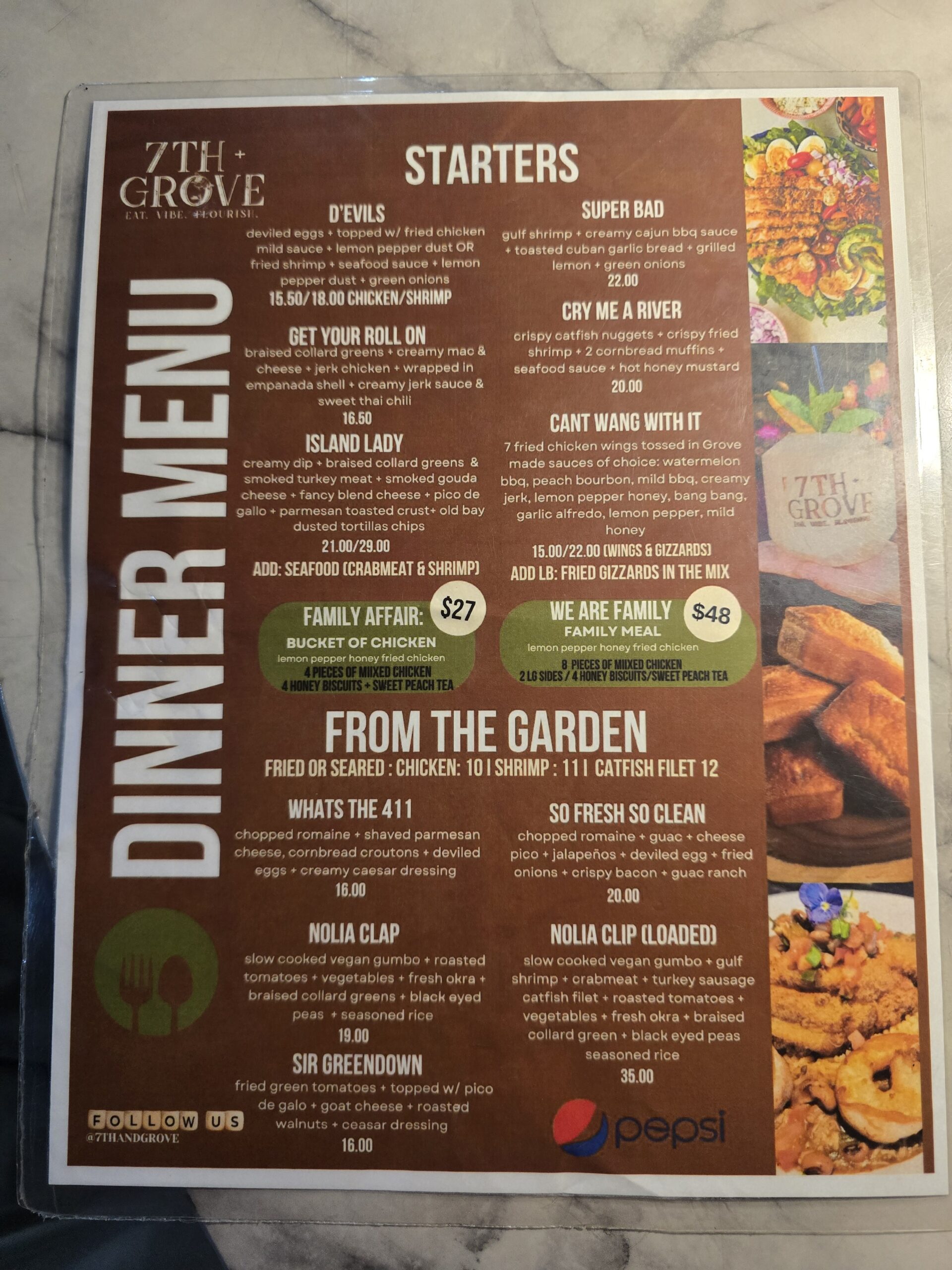 Dinner Menu at 7th + Grove, Tampa FL