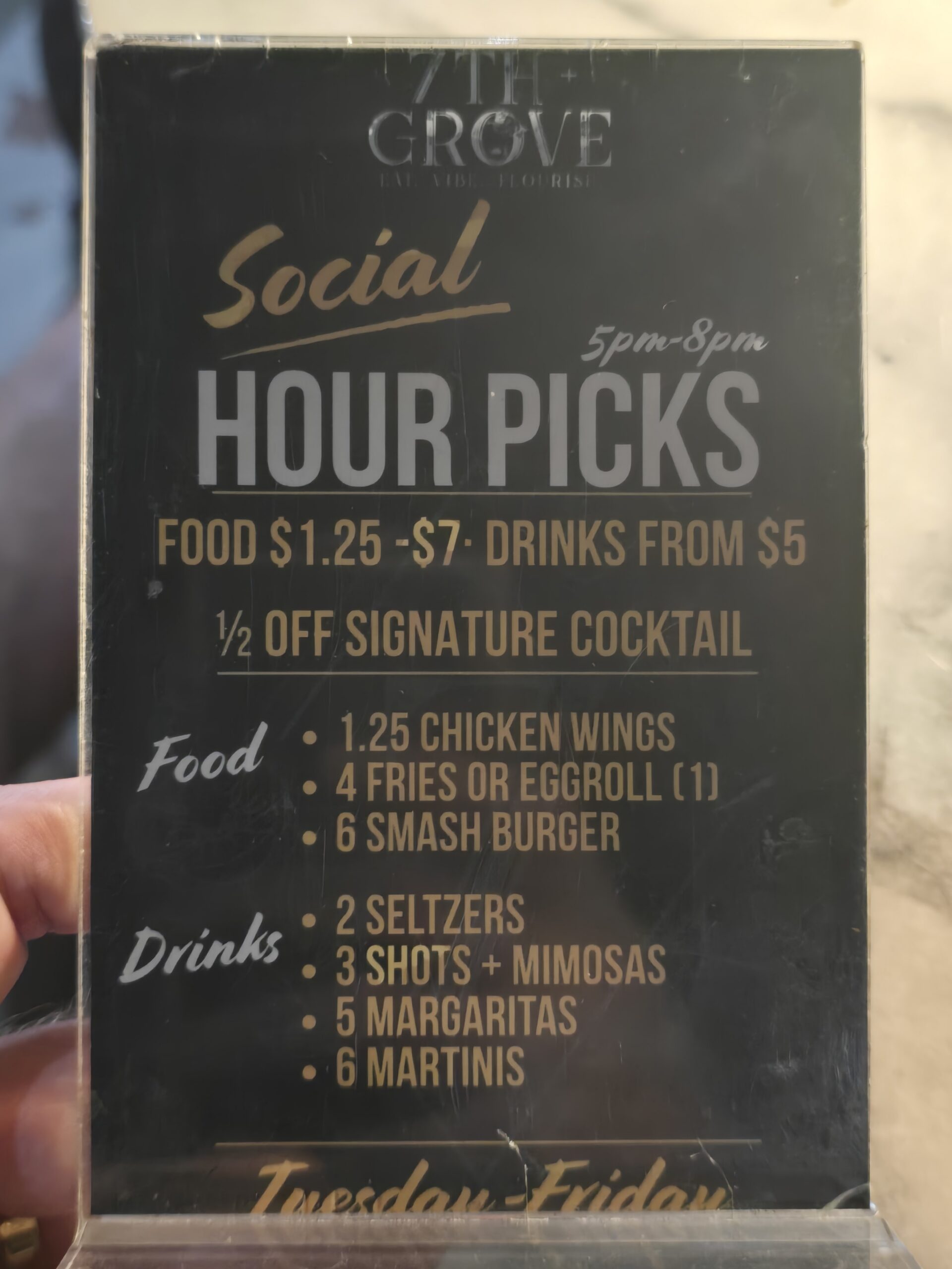 Social Hour Menu at 7th + Grove, Tampa FL