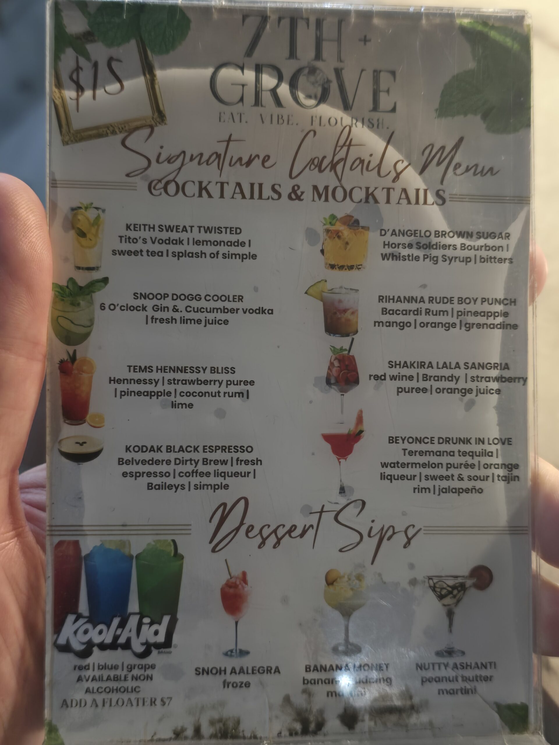 Signature Cocktails & Mocktails Menu at 7th + Grove, Tampa FL