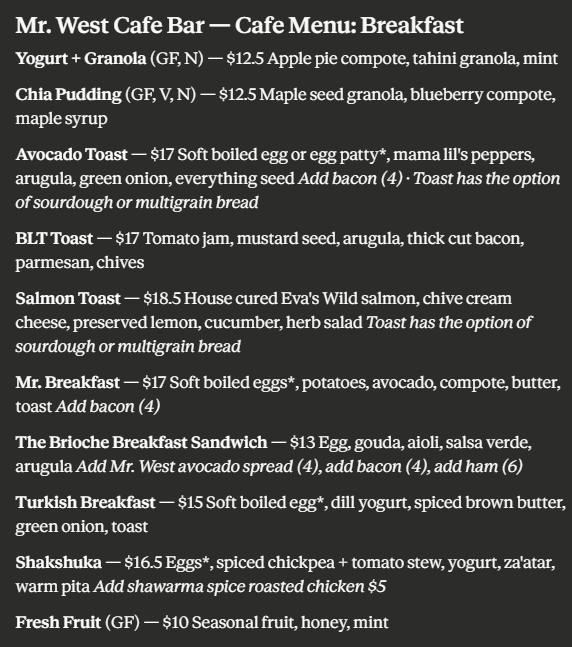 Breakfast Menu at Mr. West Cafe Bar, Seattle WA